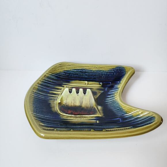California Pottery Ashtray Cal Style USA I-13 Large Drip Glaze Green Blue MCM - Picture 1 of 10